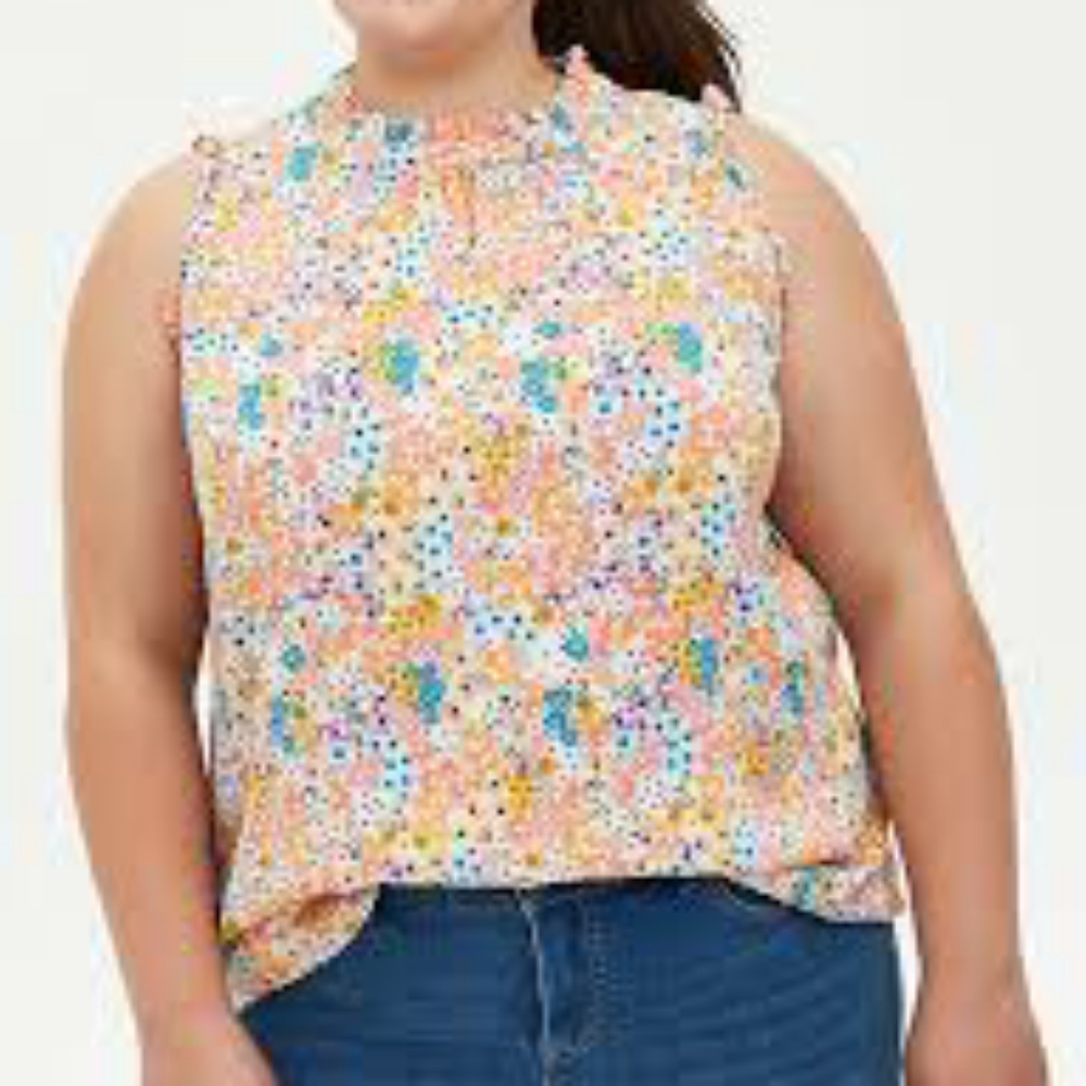 TORRID IVORY FLORAL TWILL RUFFLE MOCK NECK TANK SIZE 1X